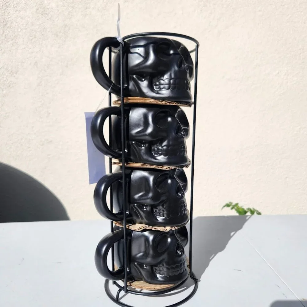 NEW Skull Mug Set of 4 Stackable Mugs Dia De Los Muertos Skulls Halloween Stonew